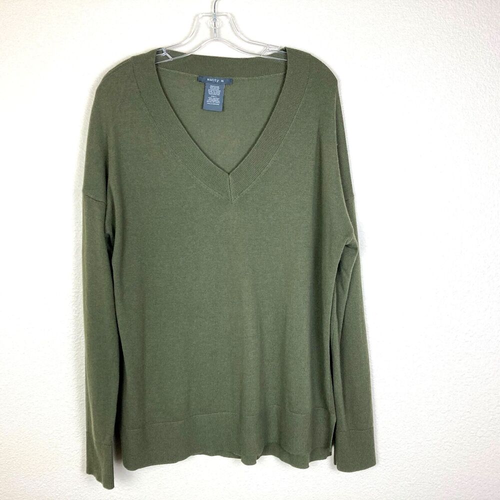 Matty M Women's V-Neck Sweater Size L Green Ribbed Cuff & Waist Side Slits